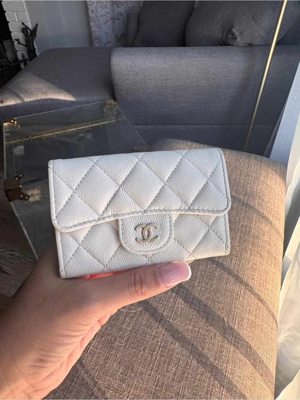 CHANEL Cream Quilted Leather Card Case with Gold CC
